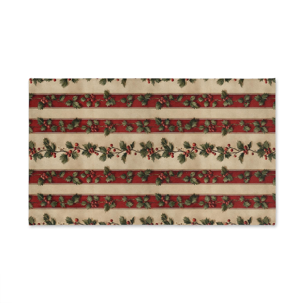 Striped Holly Christmas Hand Towel: Red Green Cream Holiday Botanical Winter Decor