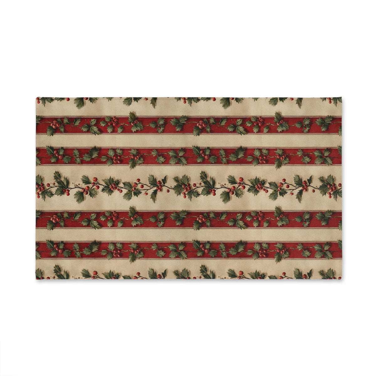 Striped Holly Christmas Hand Towel: Red Green Cream Holiday Botanical Winter Decor