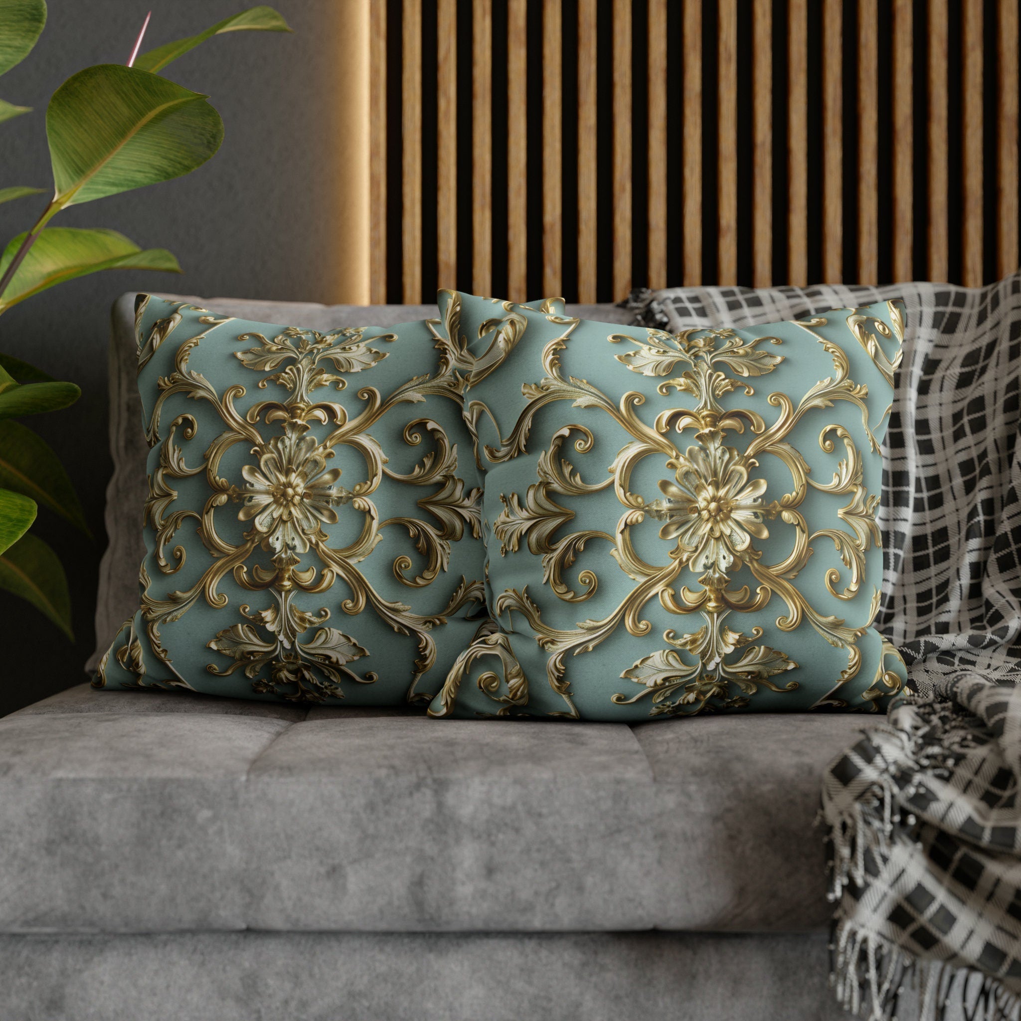 Luxurious Italian Rococo Pillow Cover: Gold Scrollwork on Soft Blue, Classical Ornate Design