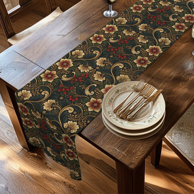 Art Nouveau Christmas Table Runner: Vintage Style Poinsettia, Gold and Green Holiday Dining Decor