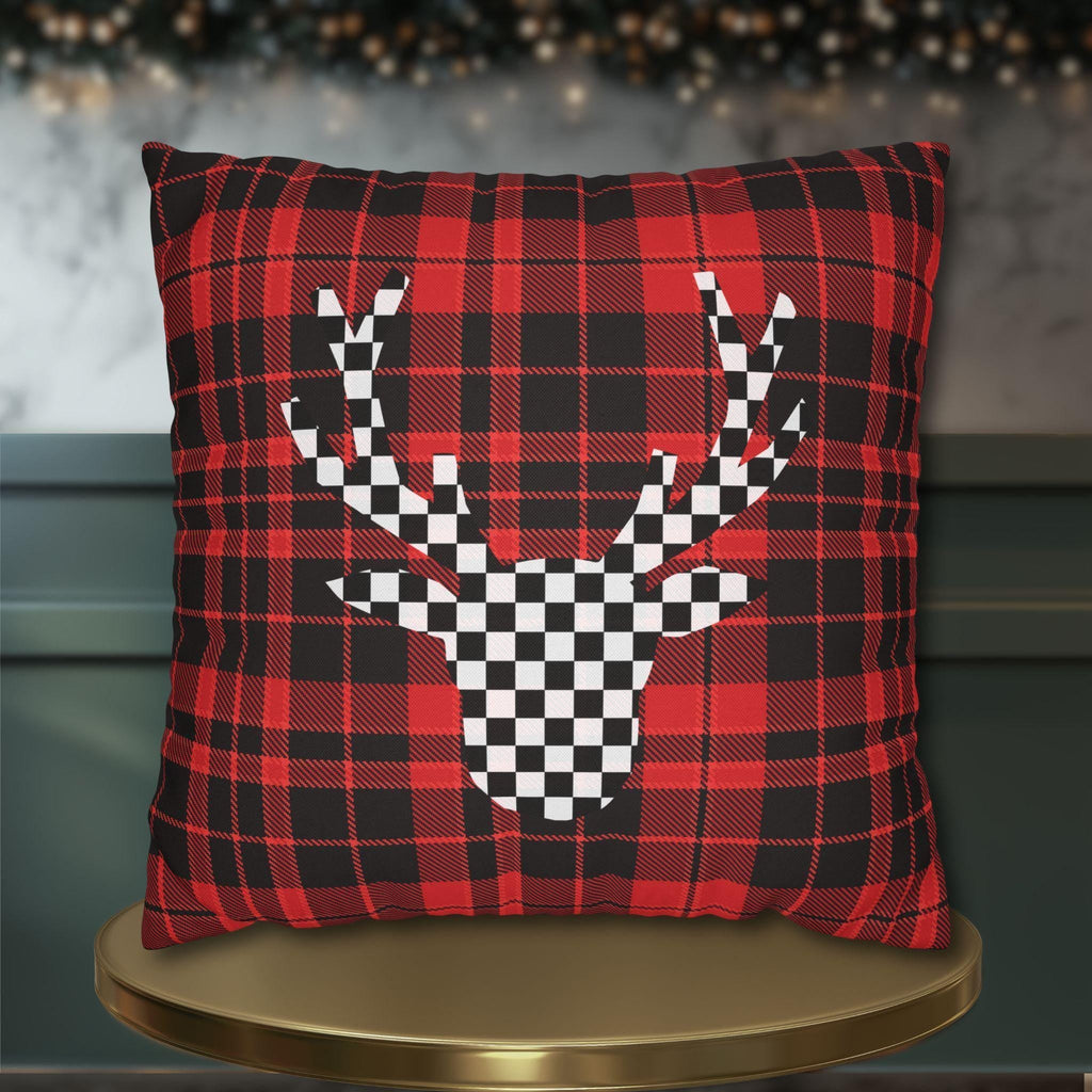 Plaid & Checker Stag Pillow Cover: Modern Rustic Christmas Accent
