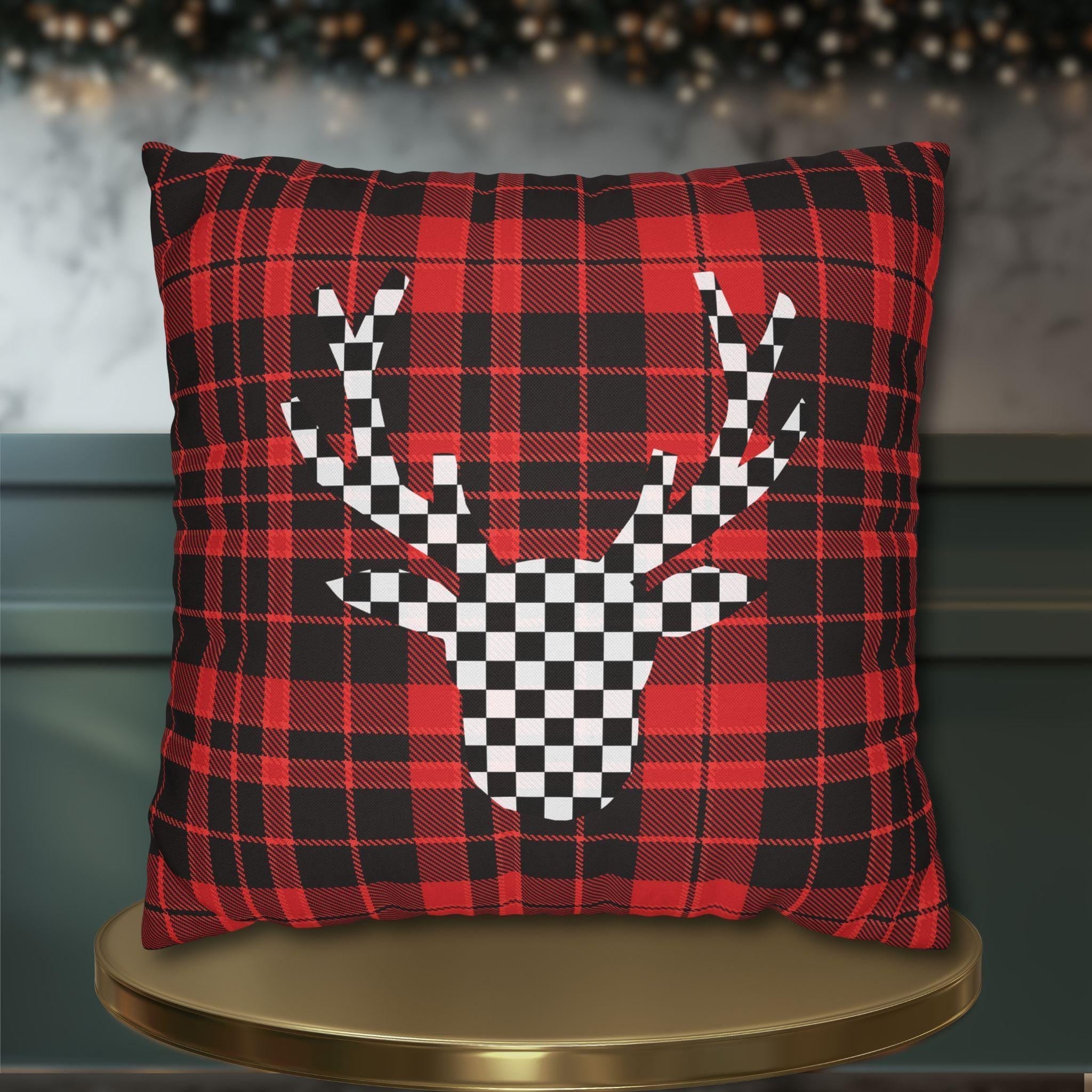 Plaid & Checker Stag Pillow Cover: Modern Rustic Christmas Accent