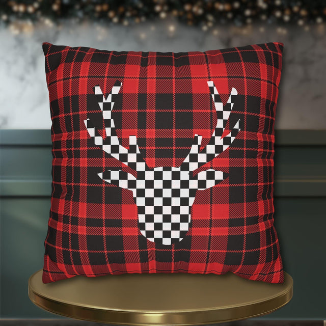 Plaid & Checker Stag Pillow Cover: Modern Rustic Christmas Accent
