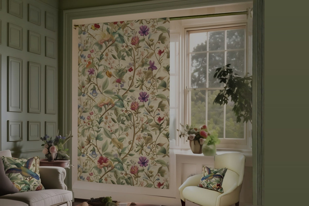 Living room with sage green walls, a floral curtain on one side of a sunny window, a chair and sofa with throw pillows, and decorative plants.