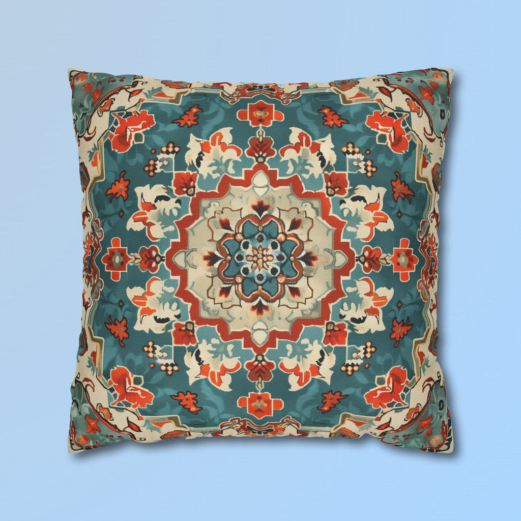 Traditional Turkish Kilim-Inspired Pillow Cover: Vibrant Teal Medallion Design Square Cushion