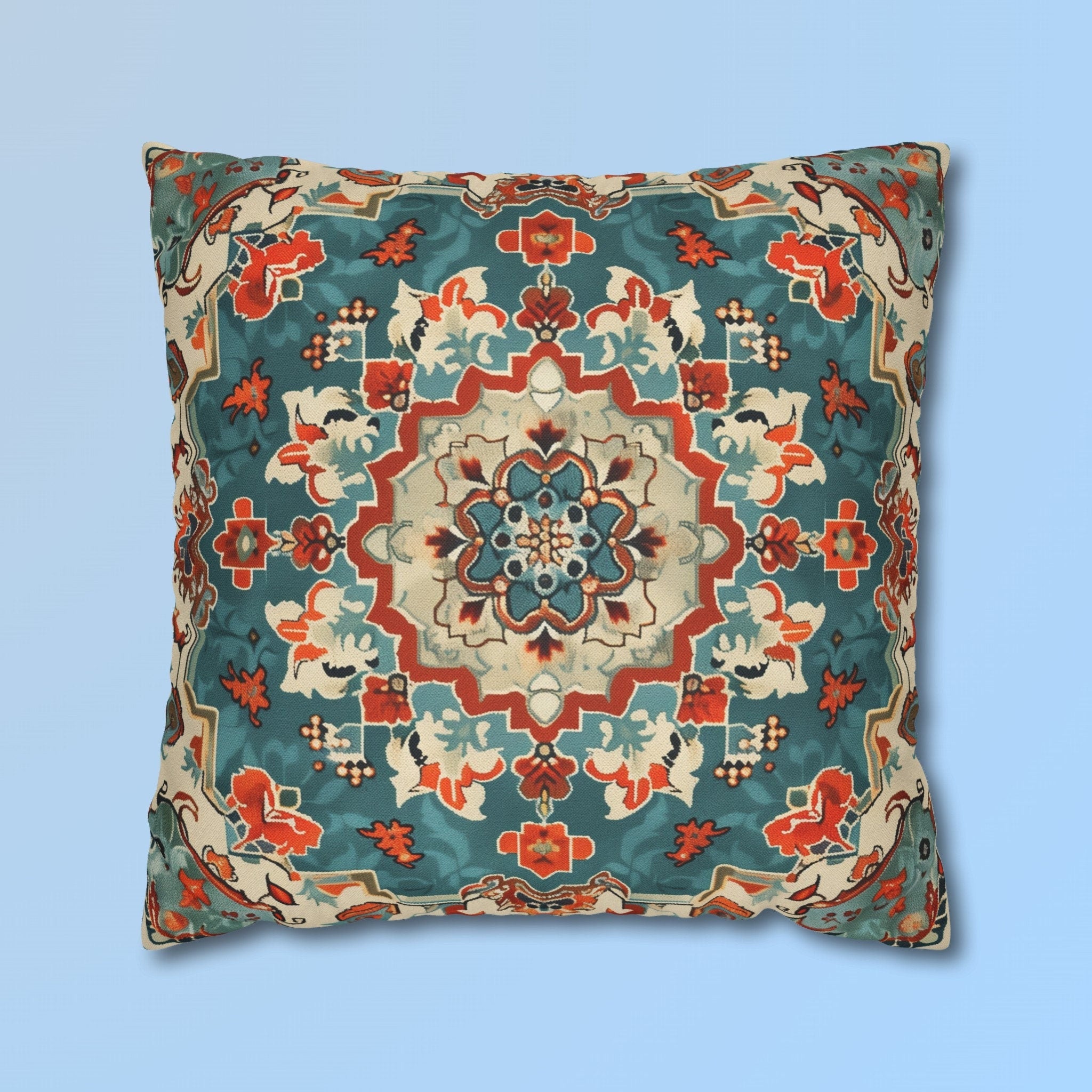 Traditional Turkish Kilim-Inspired Pillow Cover: Vibrant Teal Medallion Design Square Cushion