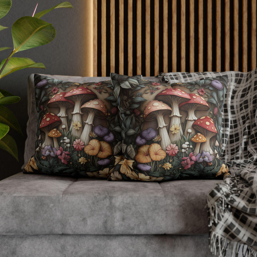 Whimsical Mushroom Pillow Cover: William Morris Inspired Forest Botanical Art Cushion Case