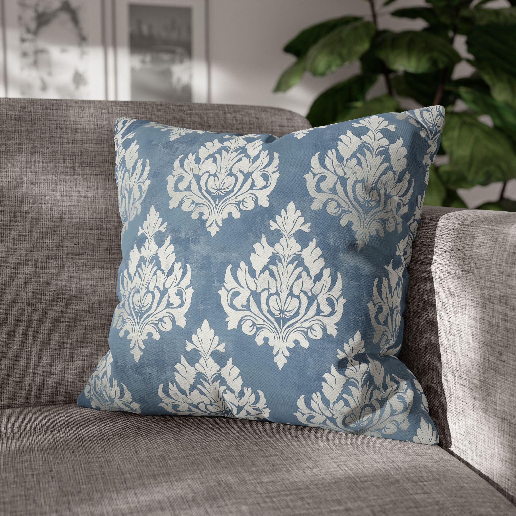 Blue Damask Pillow Cover: Silvery White Vintage Style French Country Decor