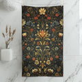 Vintage-Inspired William Morris Botanical Hand Towel: Autumn Floral Tapestry on Dark Background