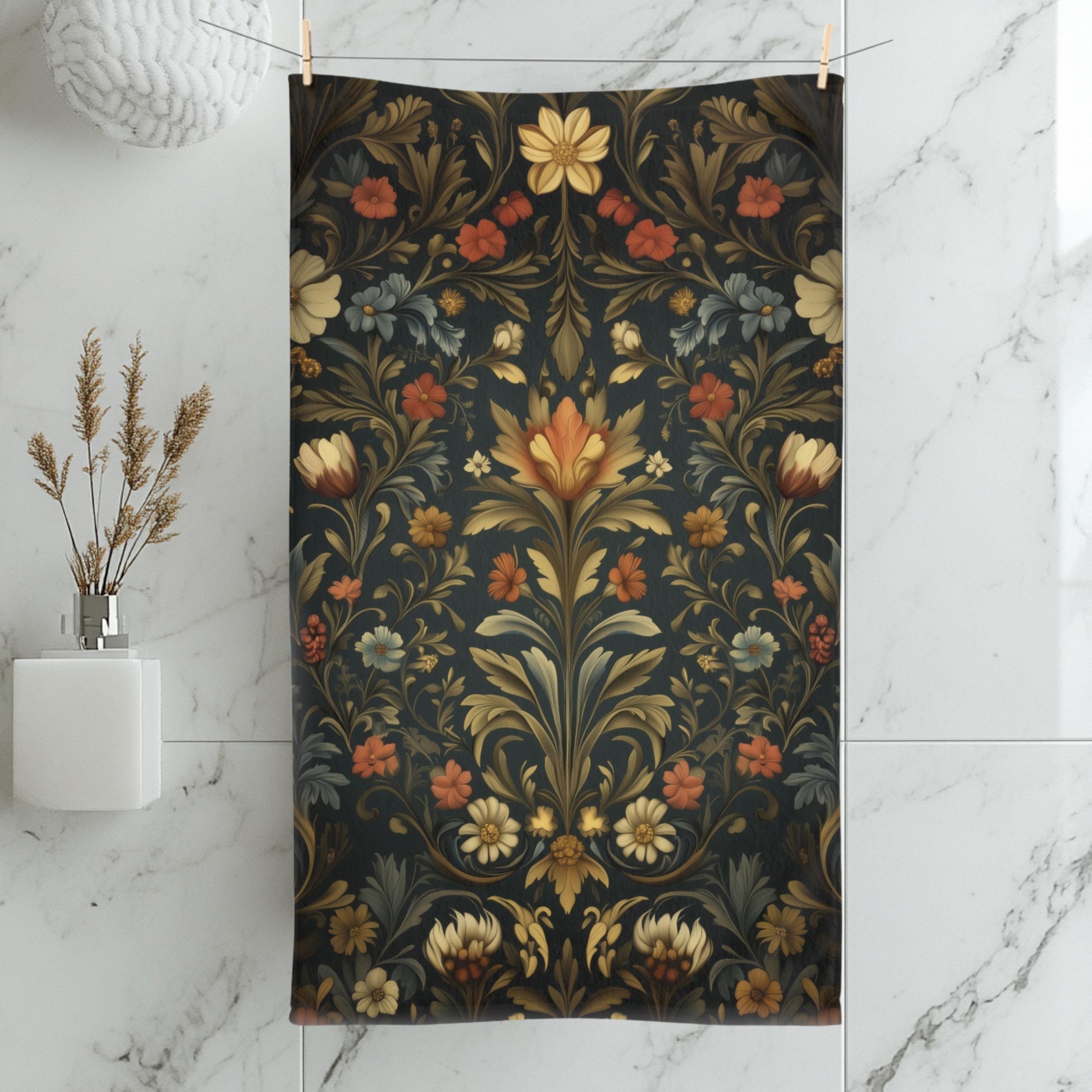 Vintage-Inspired William Morris Botanical Hand Towel: Autumn Floral Tapestry on Dark Background