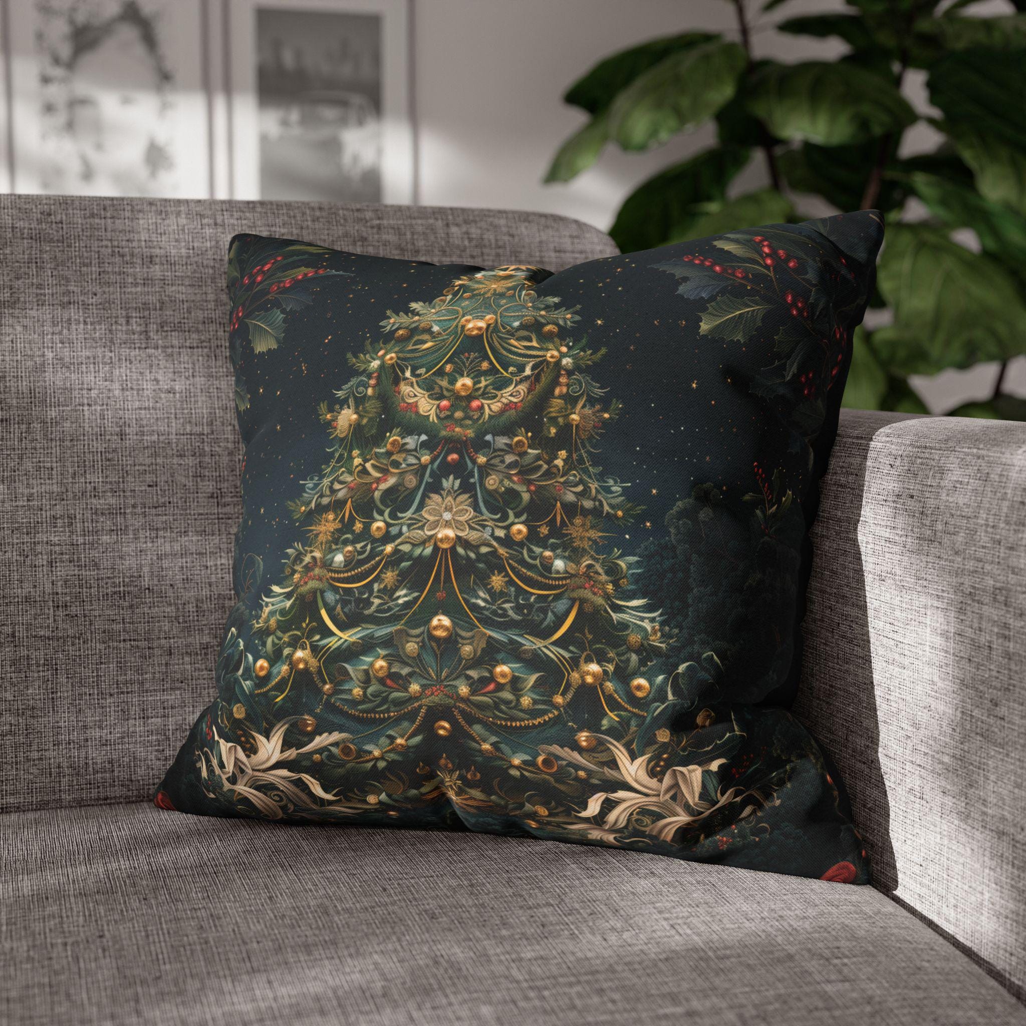 William Morris Inspired Christmas Tree Pillow Cover: Vintage Holiday Decor with Dark Blue-Green Back