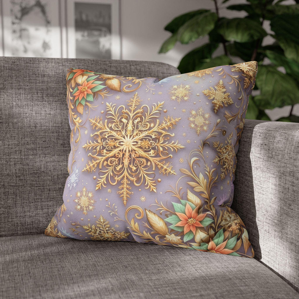 Pastel Christmas Pillow Cover: Gold Snowflake, Lilac Winter Decor, Frosted Poinsettia, Shabby Chic