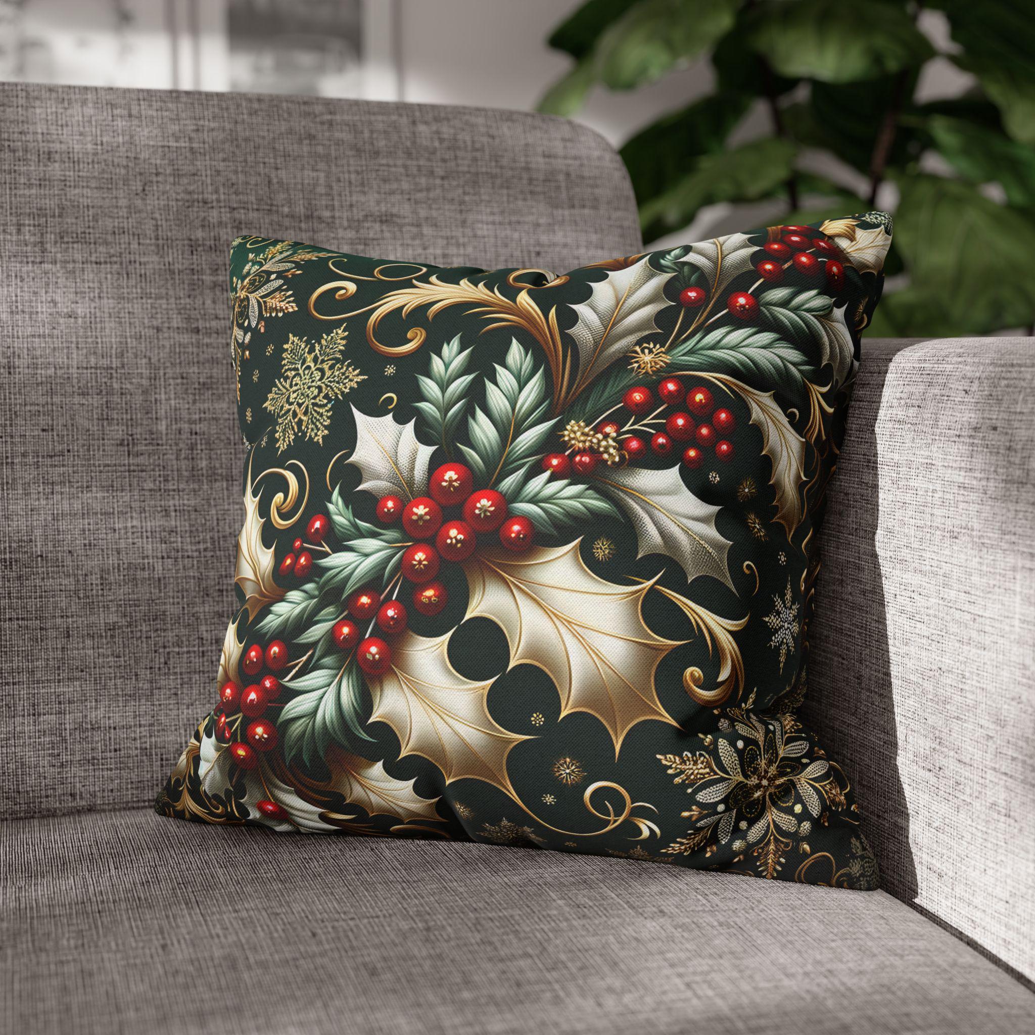 Elegant Emerald Pillow Cover: Golden Holly & Silver Snowflakes for Festive Holiday Decor