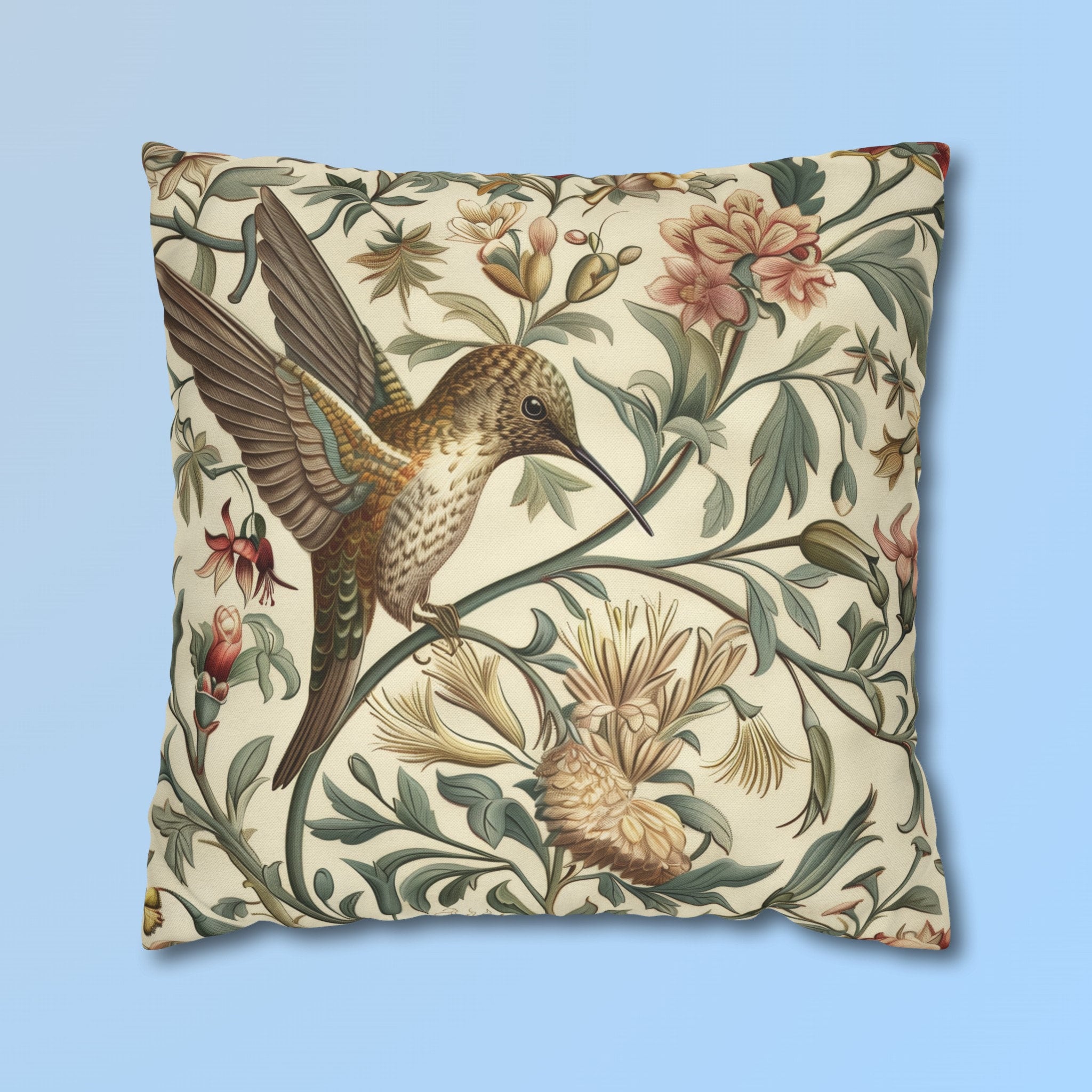William Morris Hummingbird Pillow Cover: Floral Bird Art