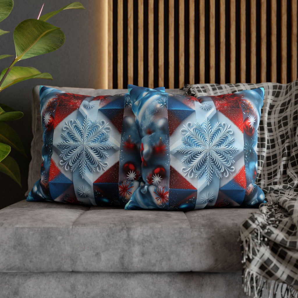 Winter Snowflake Pillow Cover, Geometric Holiday Throw Cushion, Red White Blue