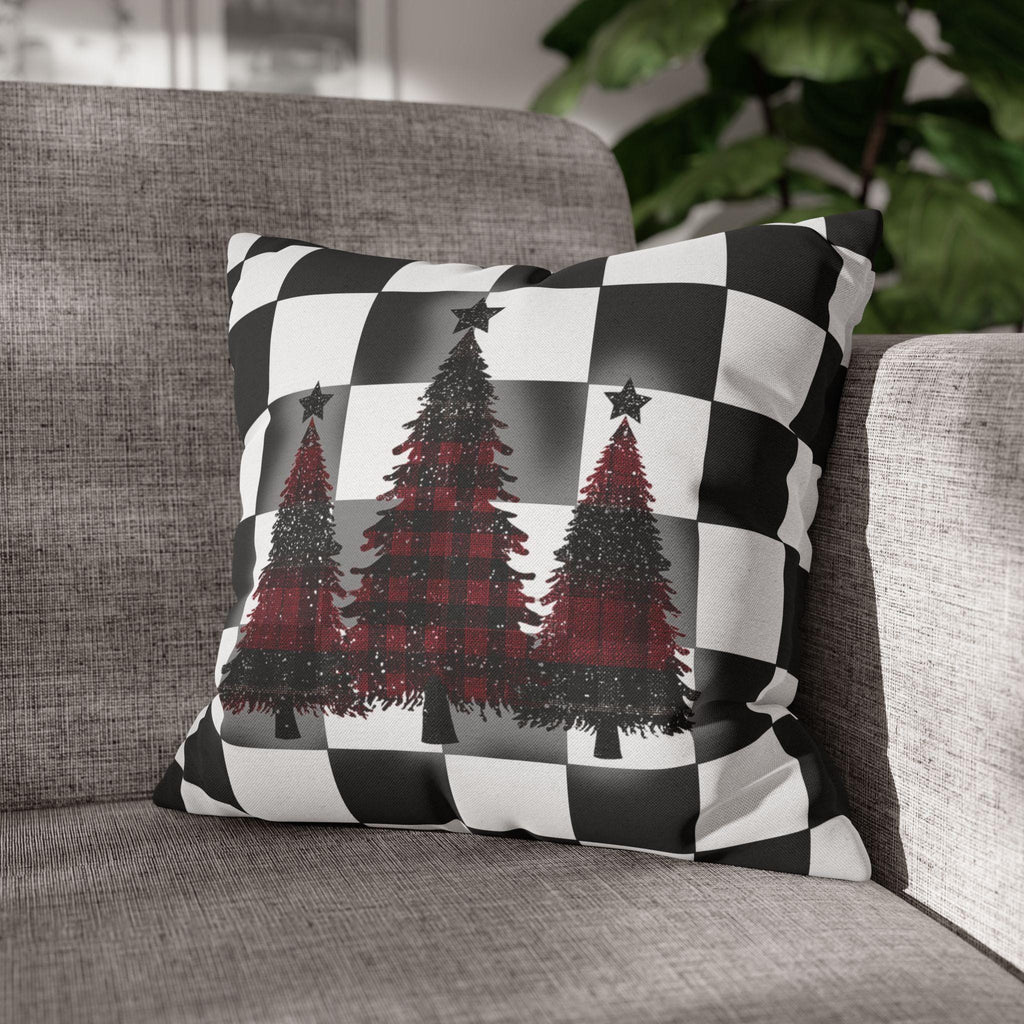 Buffalo Check Christmas Pillow Cover - Red, Black, White Plaid Trees
