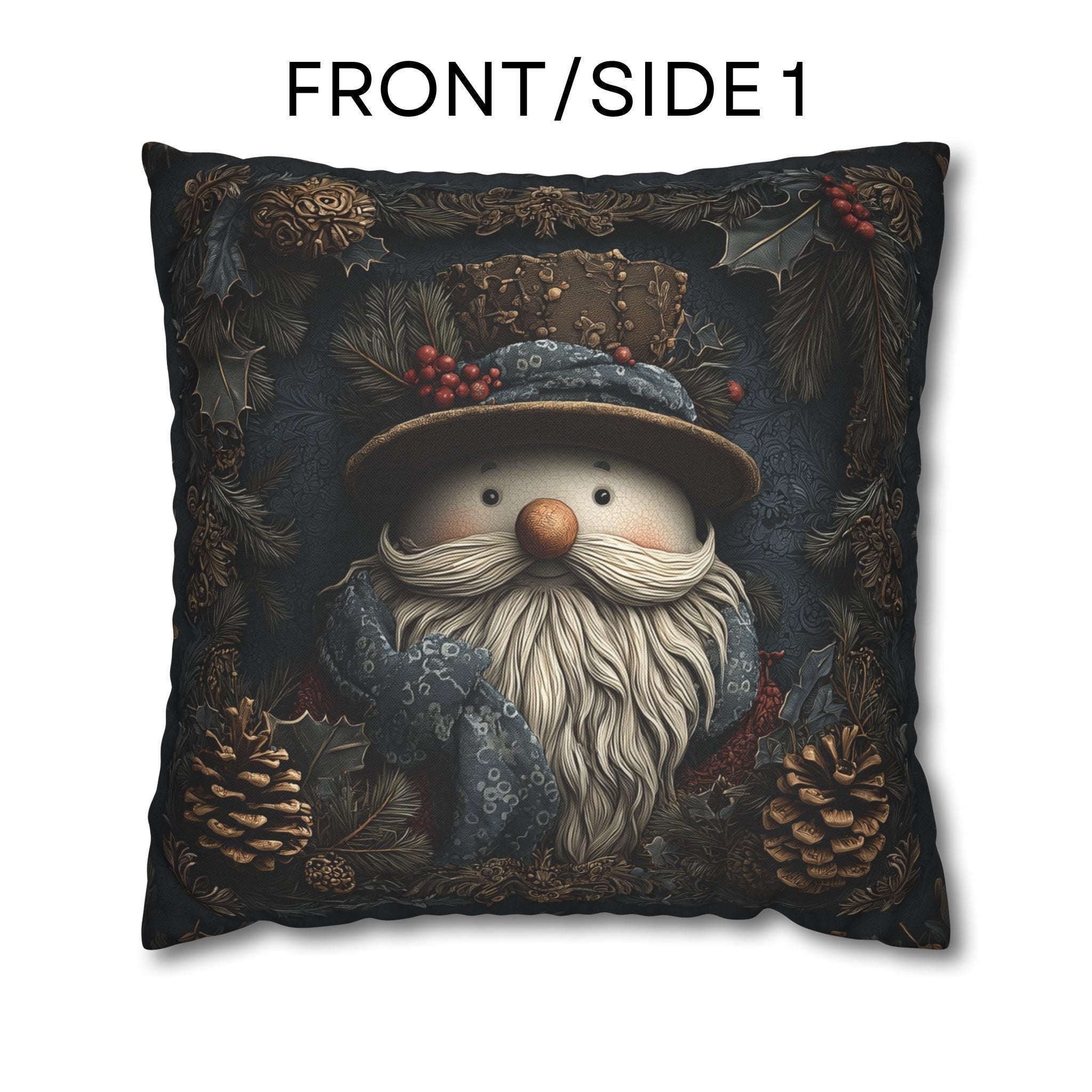 William Morris Inspired Christmas Pillow Cover: Rustic Santa Snowman Woodland Pine & Holly Illustration