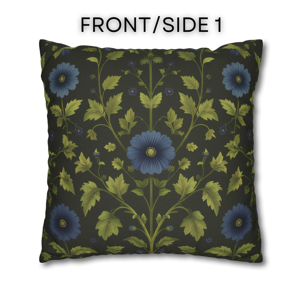 Botanical Pillow Cover: William Morris Inspired Green Cushion with Double-Sided Blue Floral Pattern