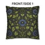 Botanical Pillow Cover: William Morris Inspired Green Cushion with Double-Sided Blue Floral Pattern