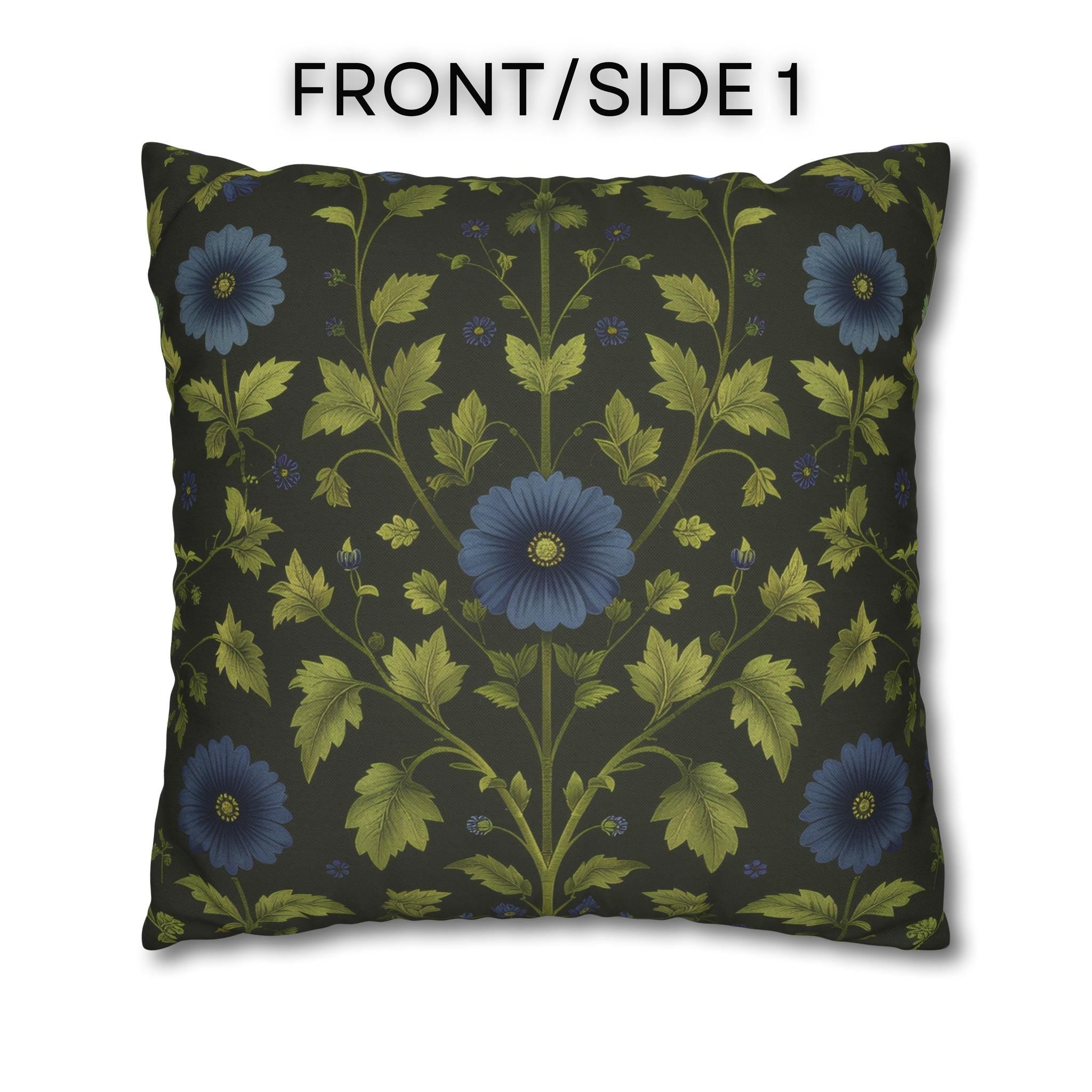 Botanical Pillow Cover: William Morris Inspired Green Cushion with Double-Sided Blue Floral Pattern