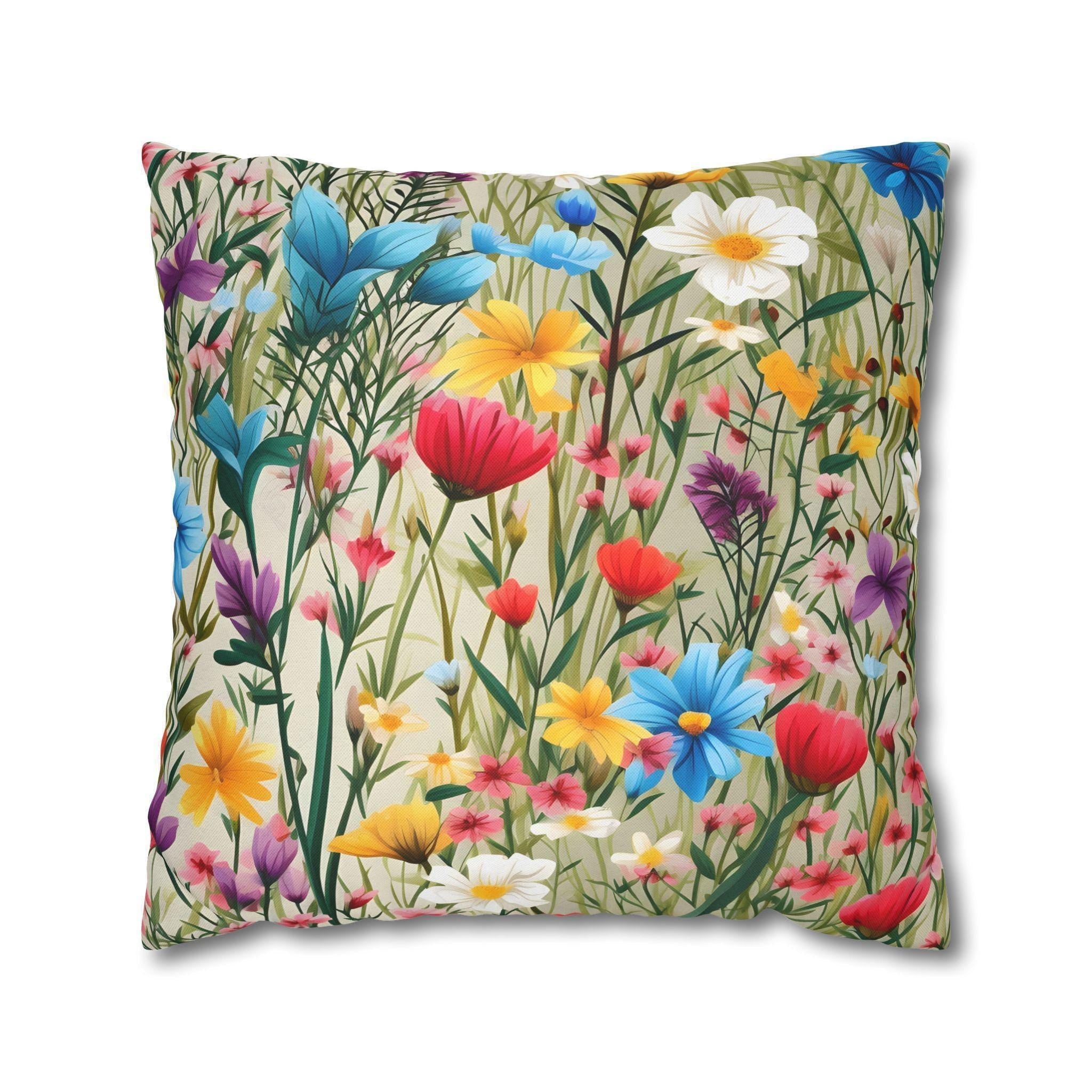 Wildflower Meadow Throw Pillow: Cottagecore Floral Cushion, Soft Spun Polyester
