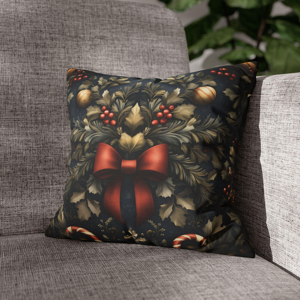 Midnight Holiday Pillow Cover: Morris-Style Christmas Theme in Navy, Gold & Red