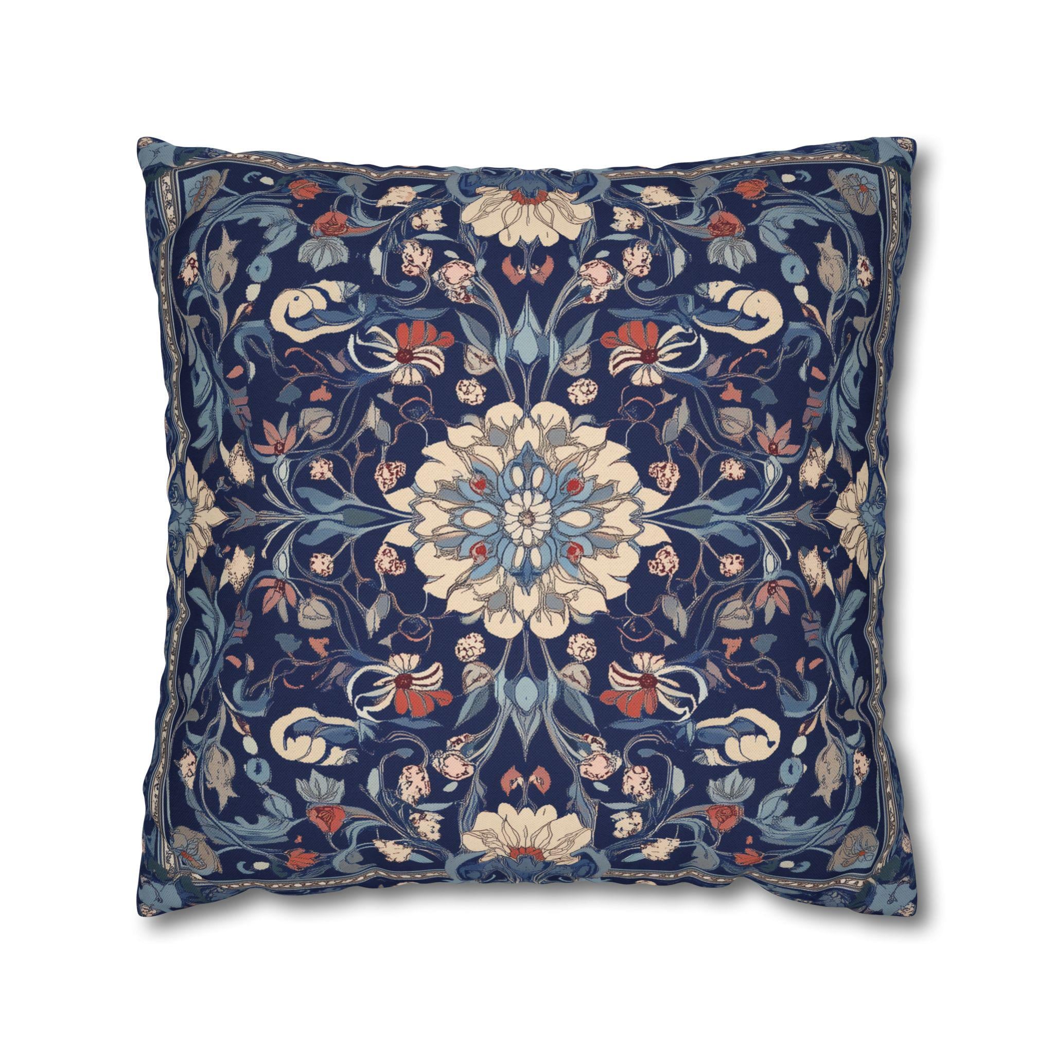Elegant Navy Blue Floral Medallion Pillowcase: William Morris Inspired Persian Tribal Motifs Decorative Cover