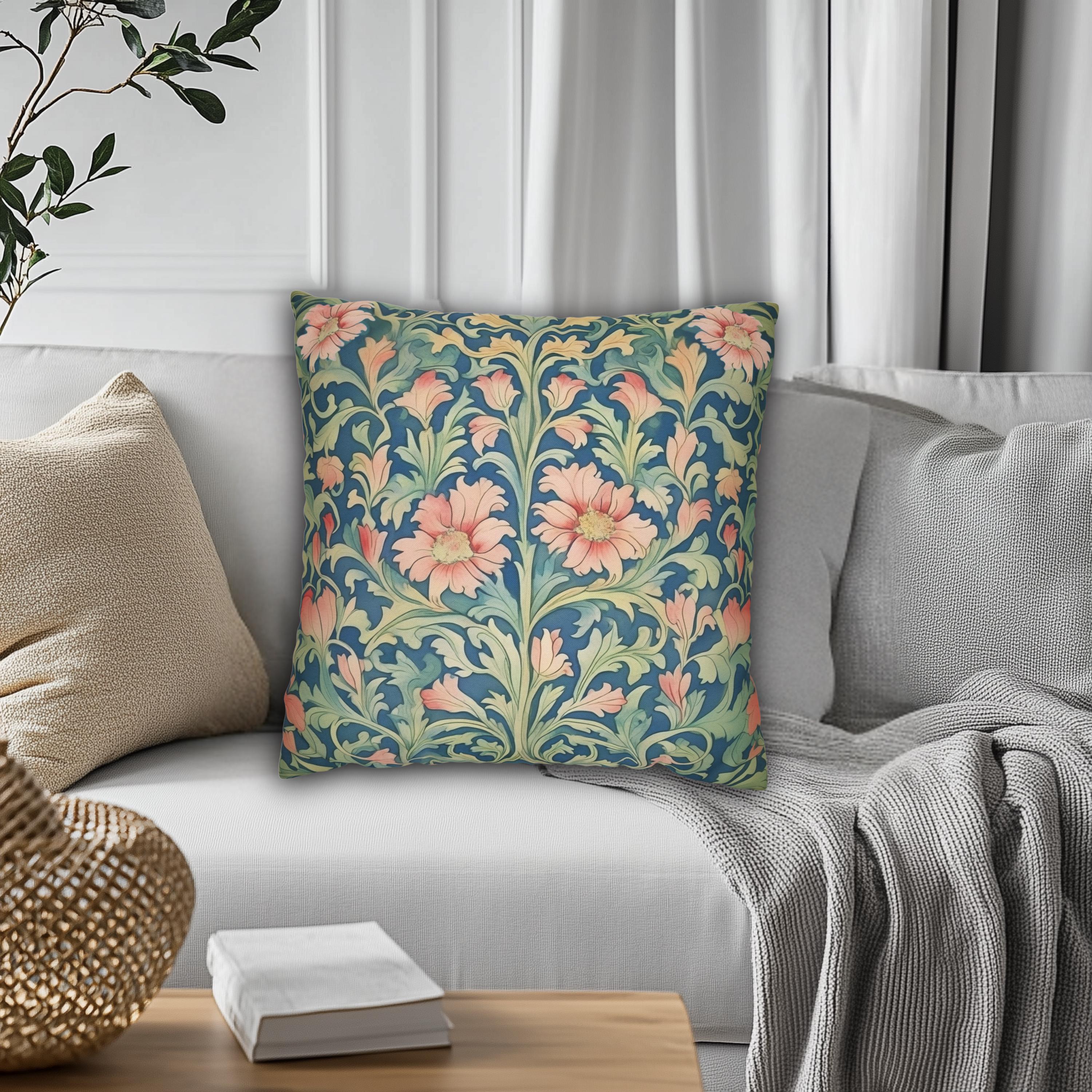William Morris Pimpernel-Inspired Pillow Cover: Modern Blue & Coral Pink Botanical