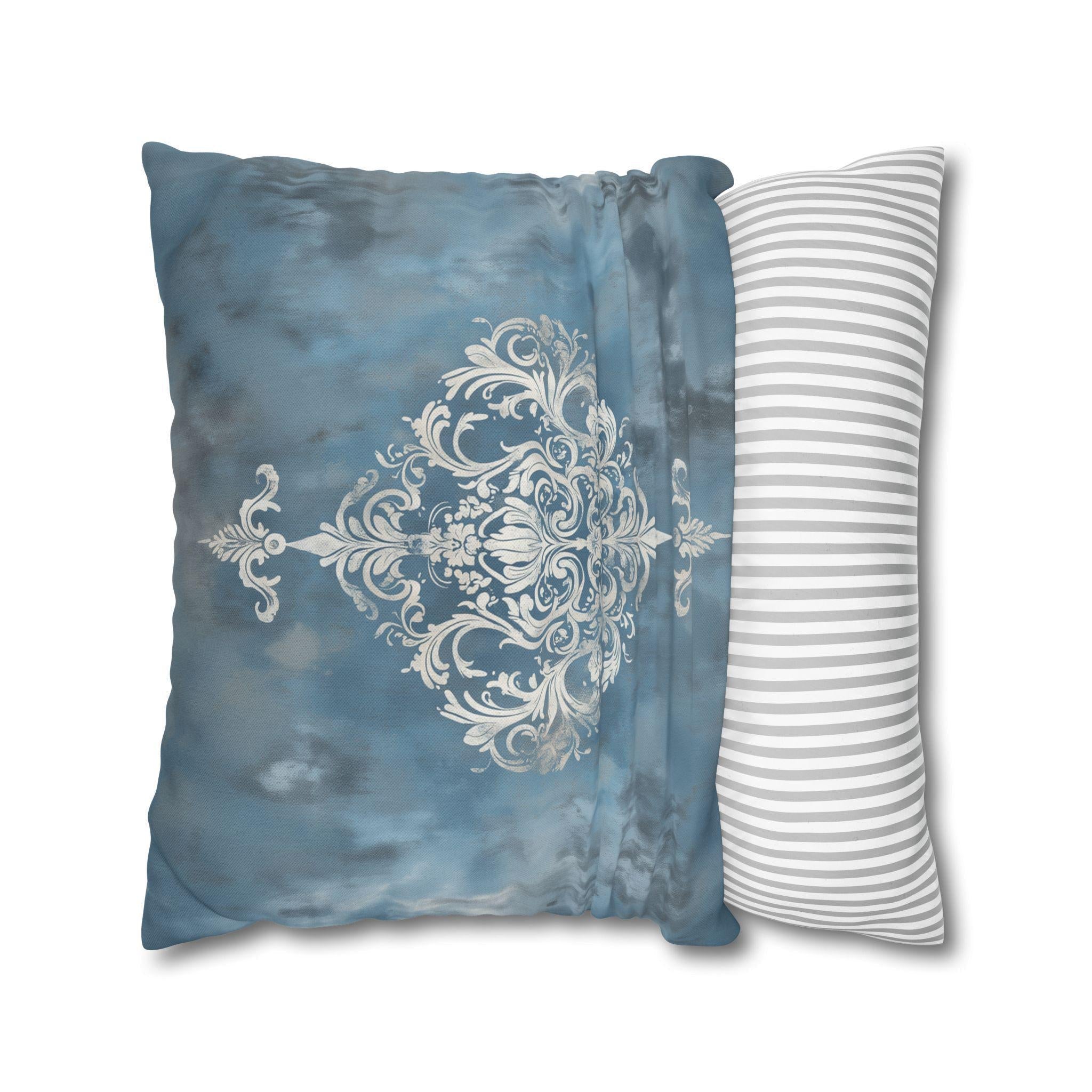 Silvery White Damask Pillow Cover: Blue-Gray Vintage Accent