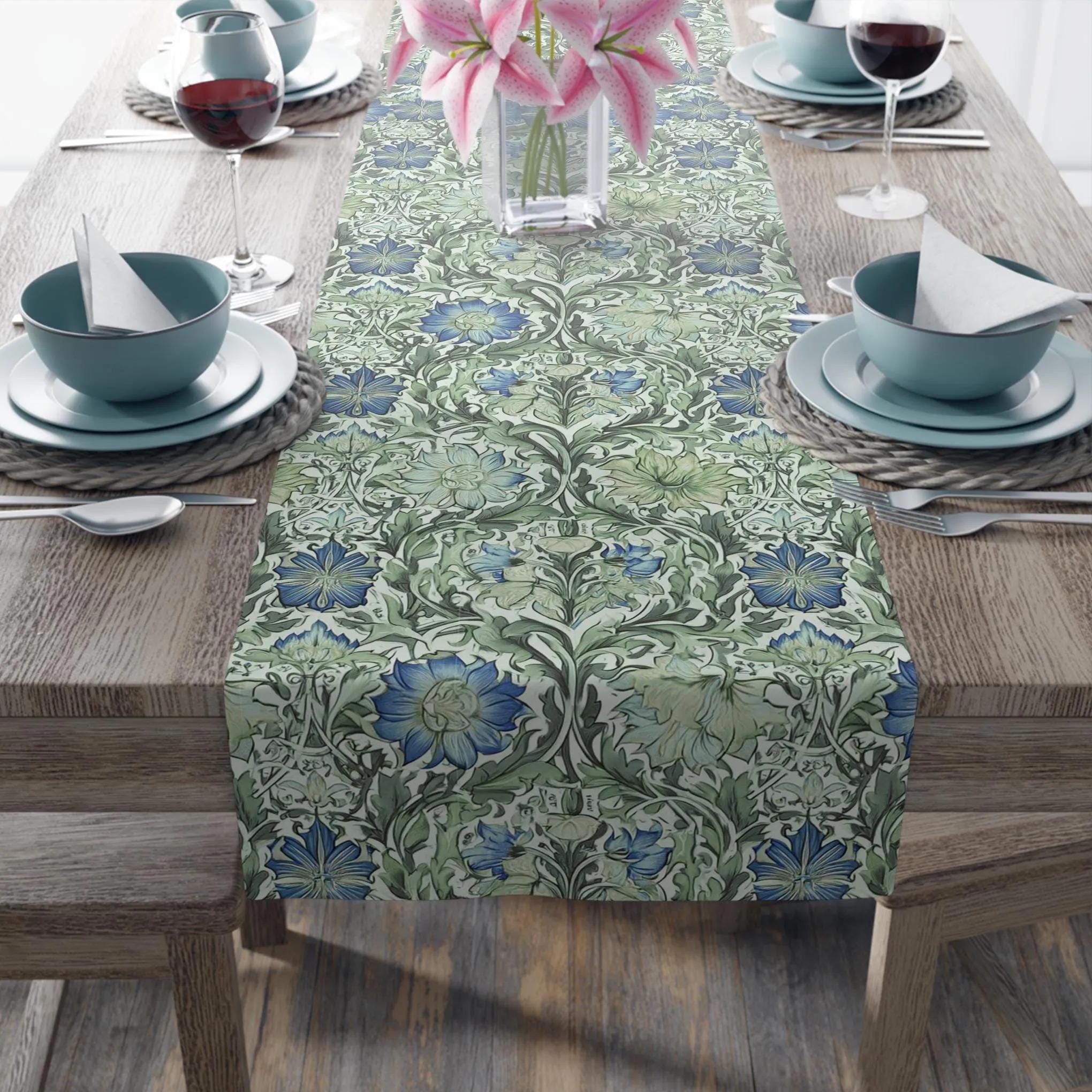 William Morris inspired table runner: Sage and Blue Floral Vine