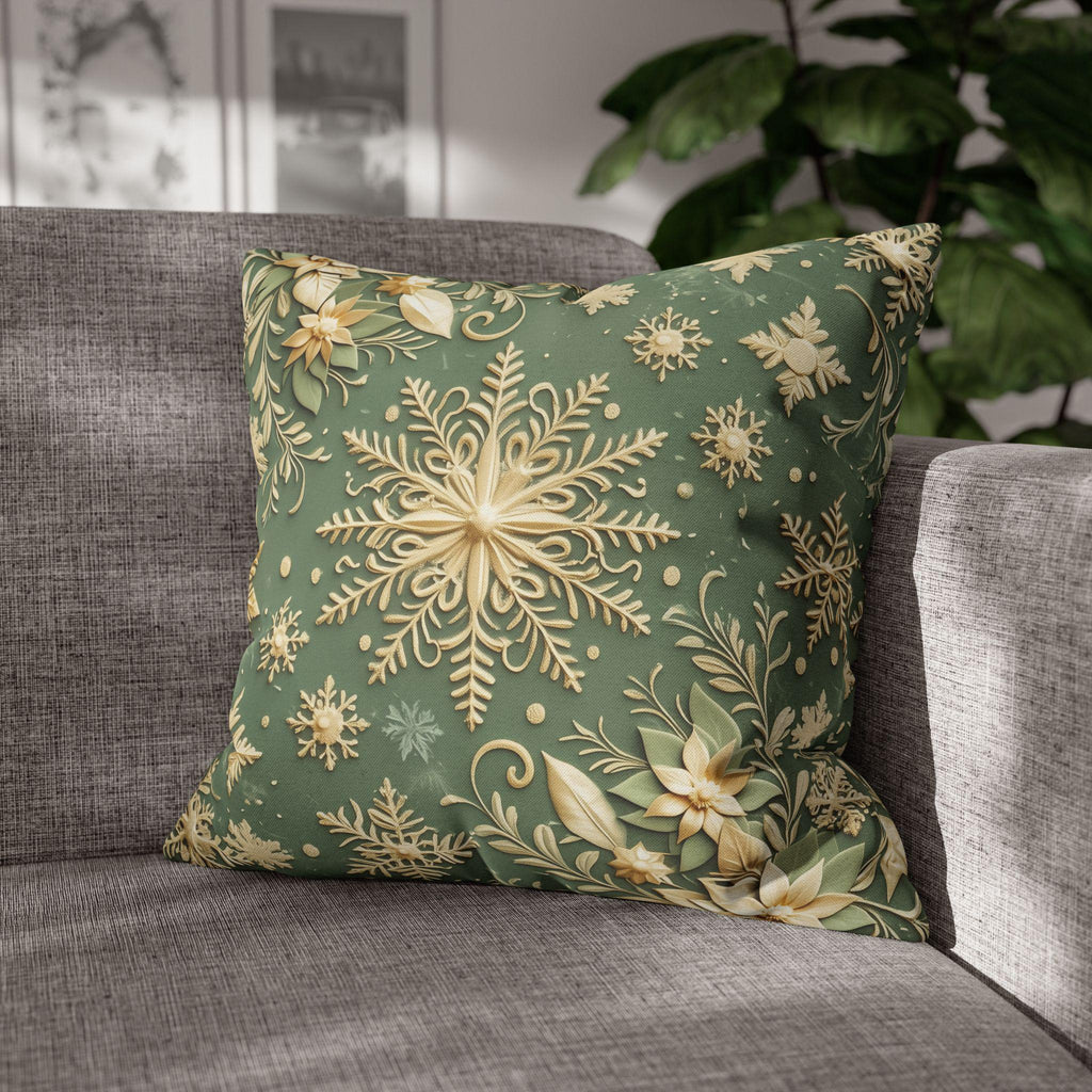 Snowflake Minty Green Square Pillowcase, Elegant Gold and Green Throw Pillow Cover