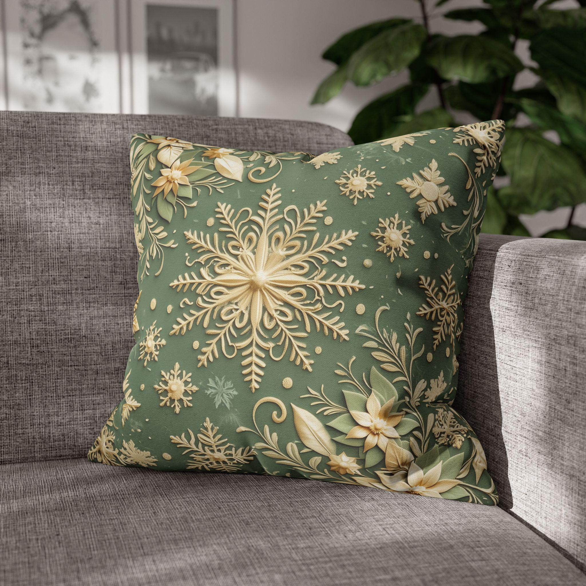 Snowflake Minty Green Square Pillowcase, Elegant Gold and Green Throw Pillow Cover