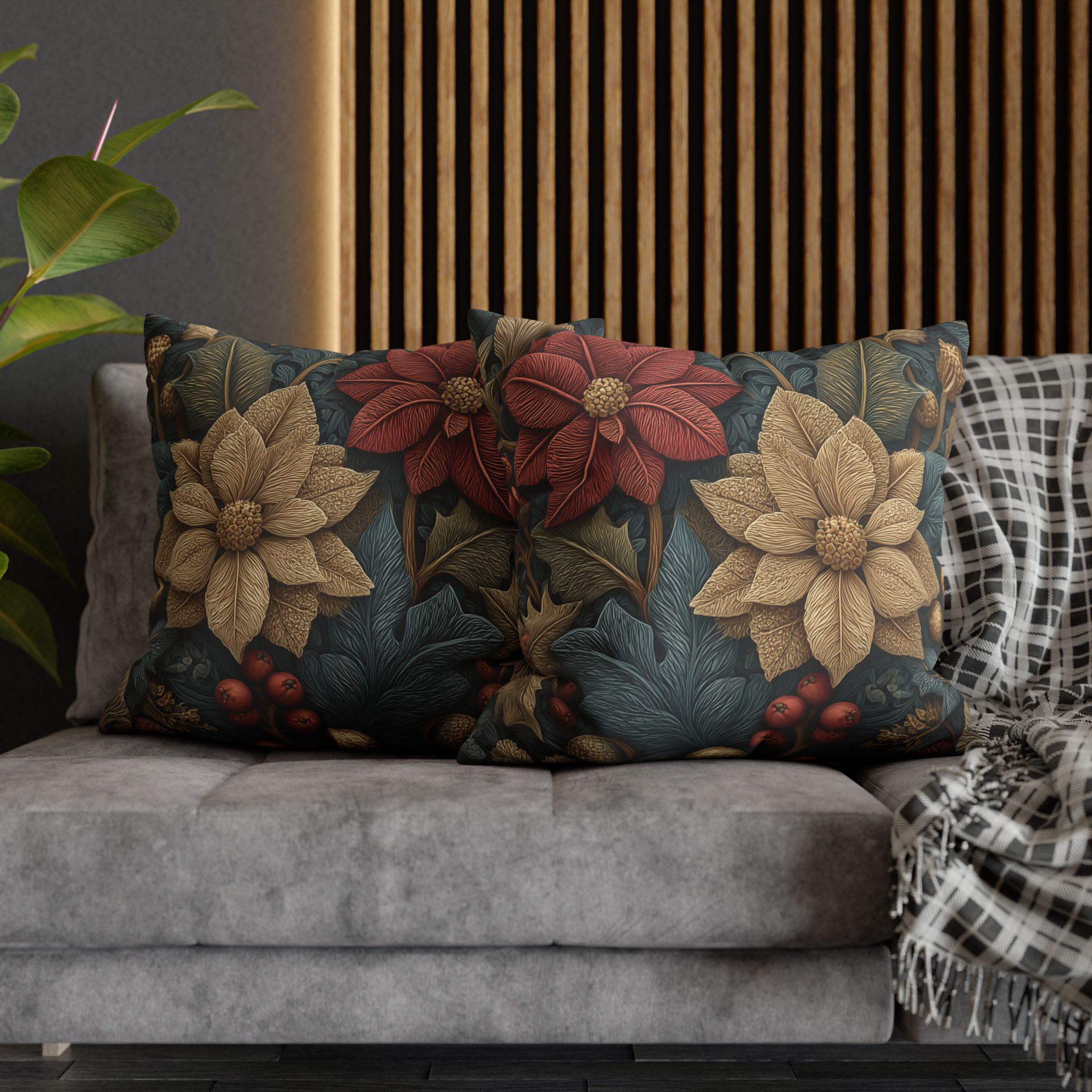 William Morris Christmas Pillow Cover: Wine and Taupe Poinsettia Woodland Illustration Euro Sizes