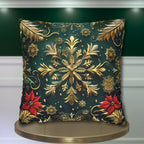 Holiday Snowflake Square  Pillowcase, Elegant Christmas Decor, Luxury Green & Gold Pillow Sham