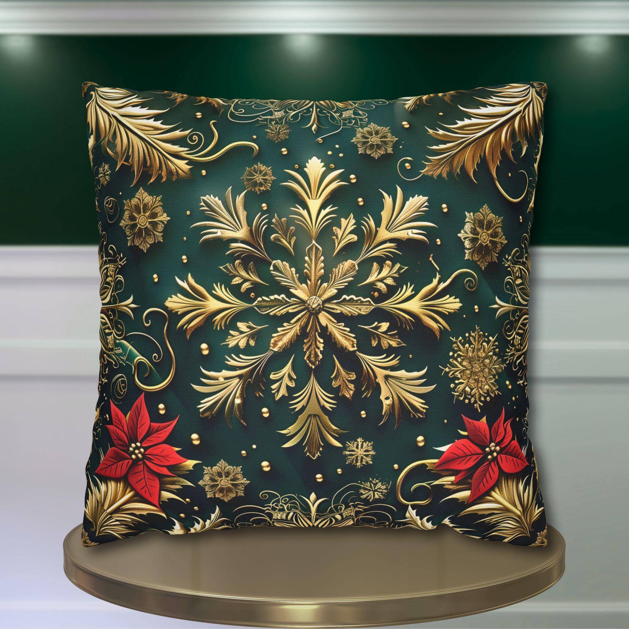 Holiday Snowflake Square  Pillowcase, Elegant Christmas Decor, Luxury Green & Gold Pillow Sham
