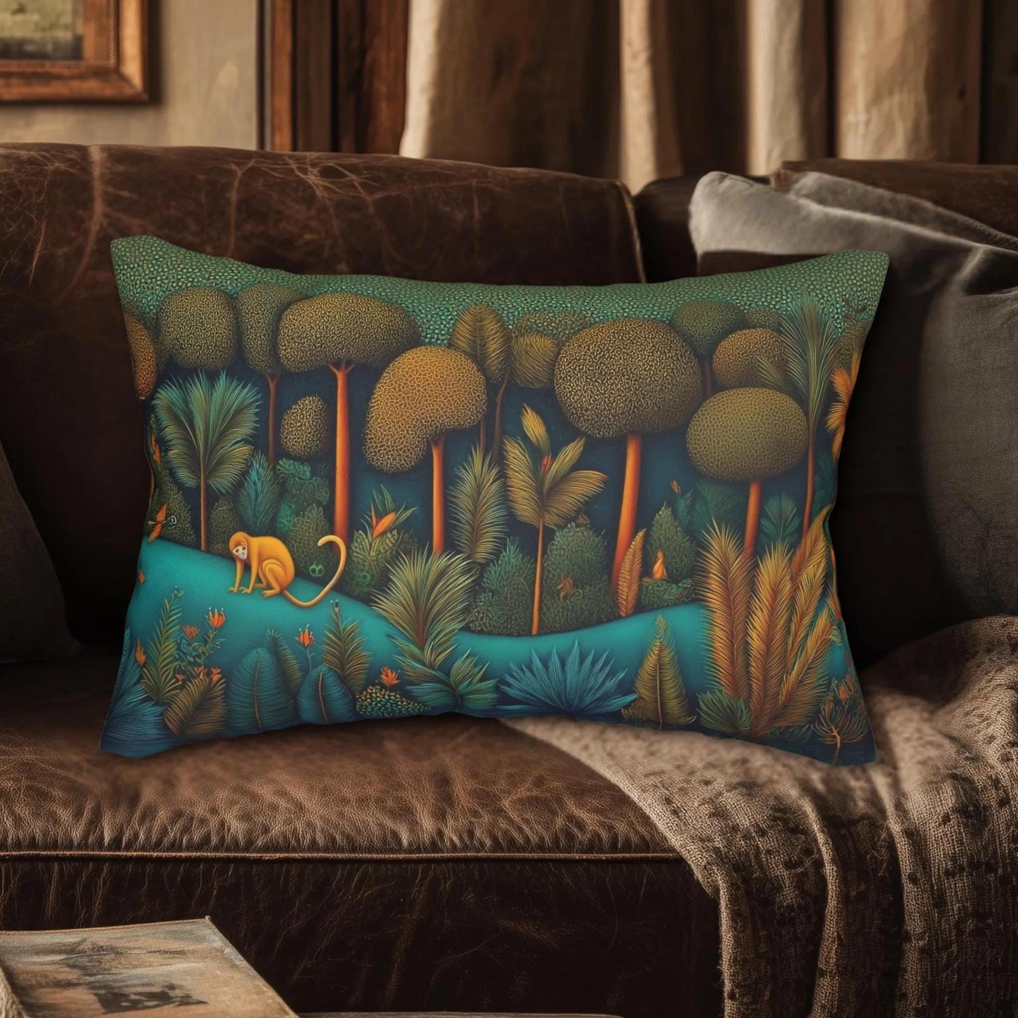 Monkey Jungle Safari Lumbar Pillow: Tropical Botanical Animal Decor