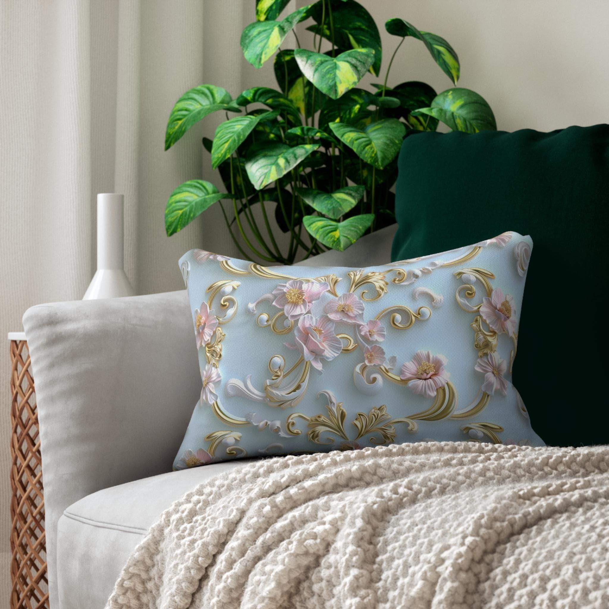 Rococo-Inspired Coquette Lumbar Pillow: Soft Pink Flowers on Pastel Blue with Gold Accents