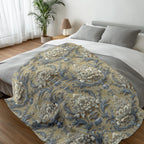 Damask Floral Fleece Throw Blanket: Elegant Pale Gold, Blue & Ivory