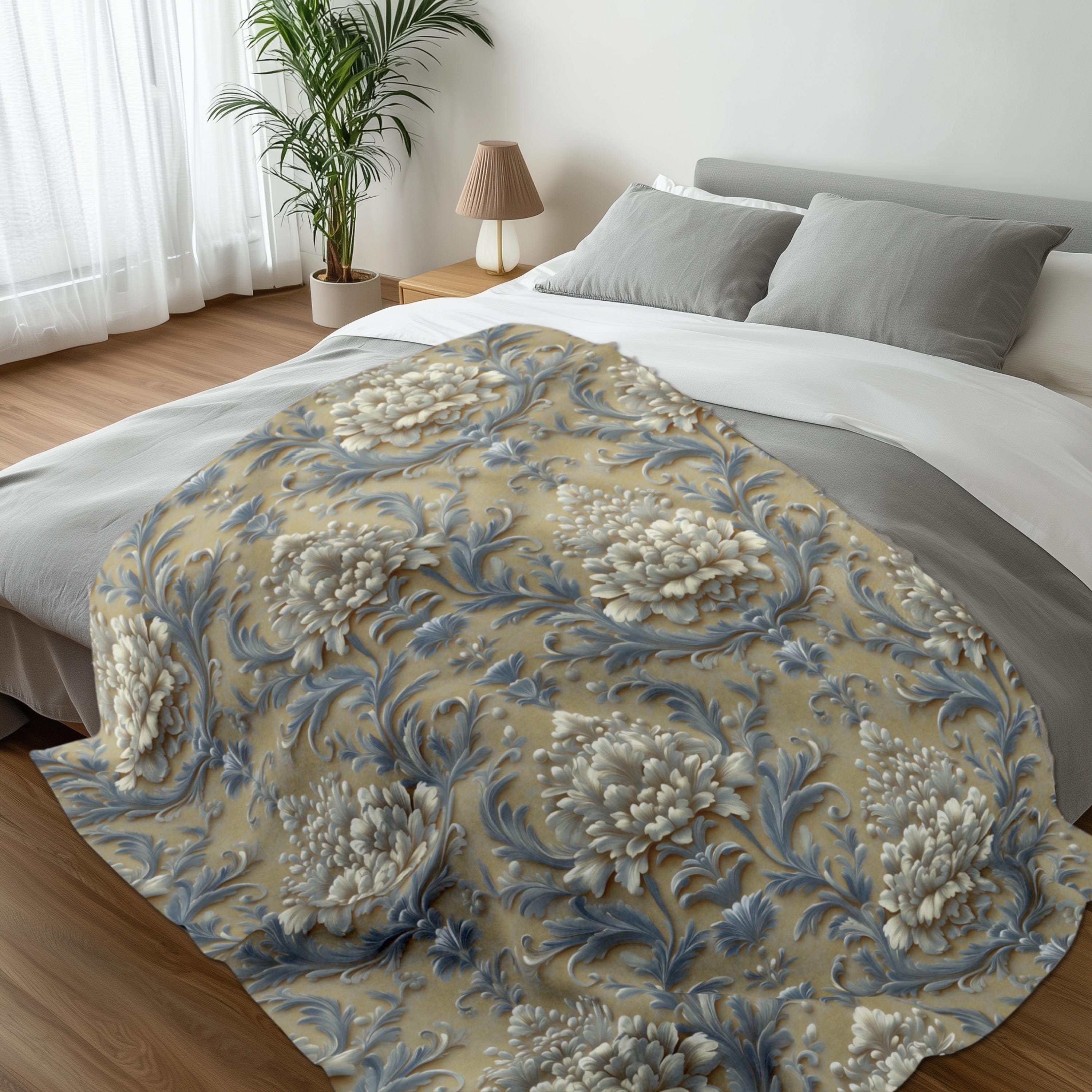 Damask Floral Fleece Throw Blanket: Elegant Pale Gold, Blue & Ivory
