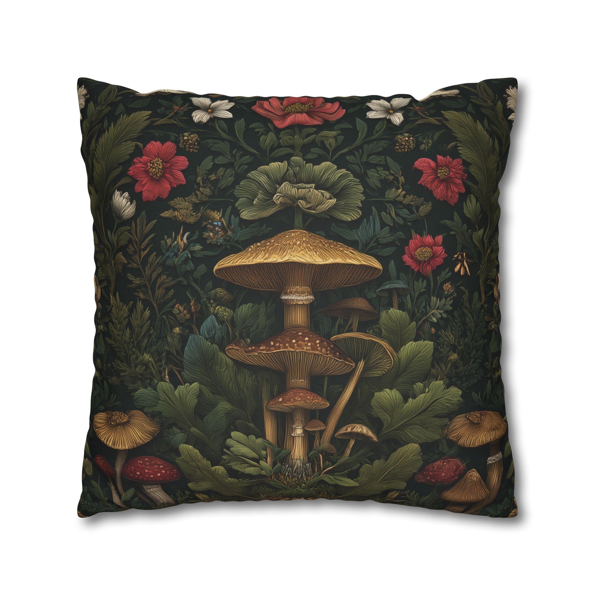William Morris-Inspired Mushroom Pillow Cover: Dark Forest Botanical Cushion for Cottagecore Decor