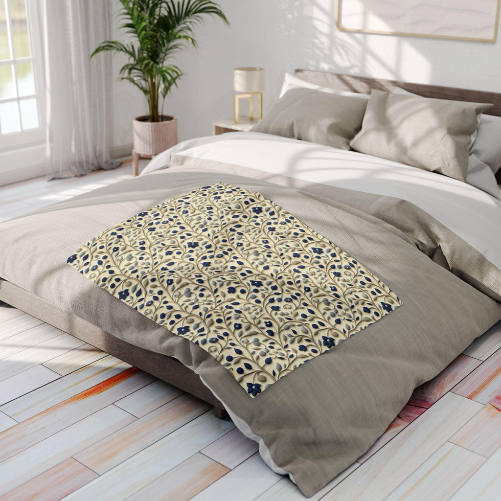 William Morris Fleece Throw: Navy Botanical Arts and Crafts Blanket