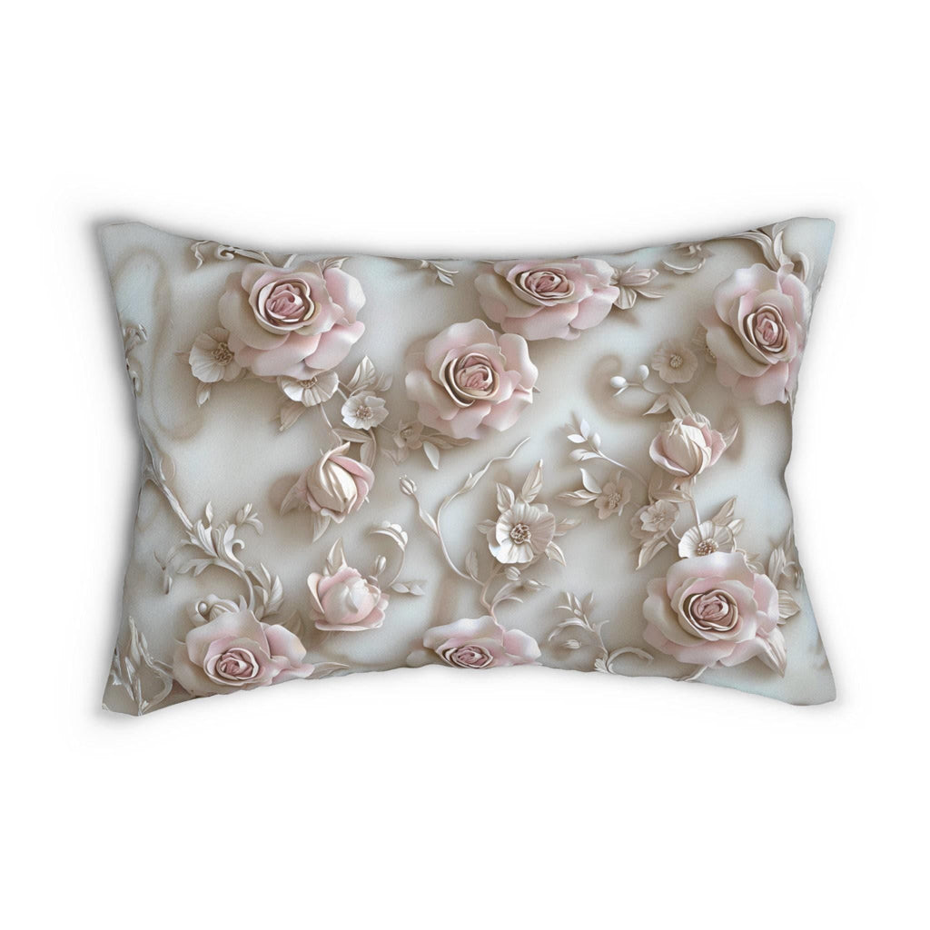 Soft Pink Roses Floral Lumbar Pillow – Romantic Feminine Cushion (20" x 14")