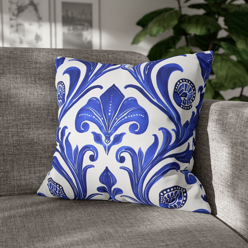 Blue Floral Art Nouveau Pillow Cover, Crisp White Decor