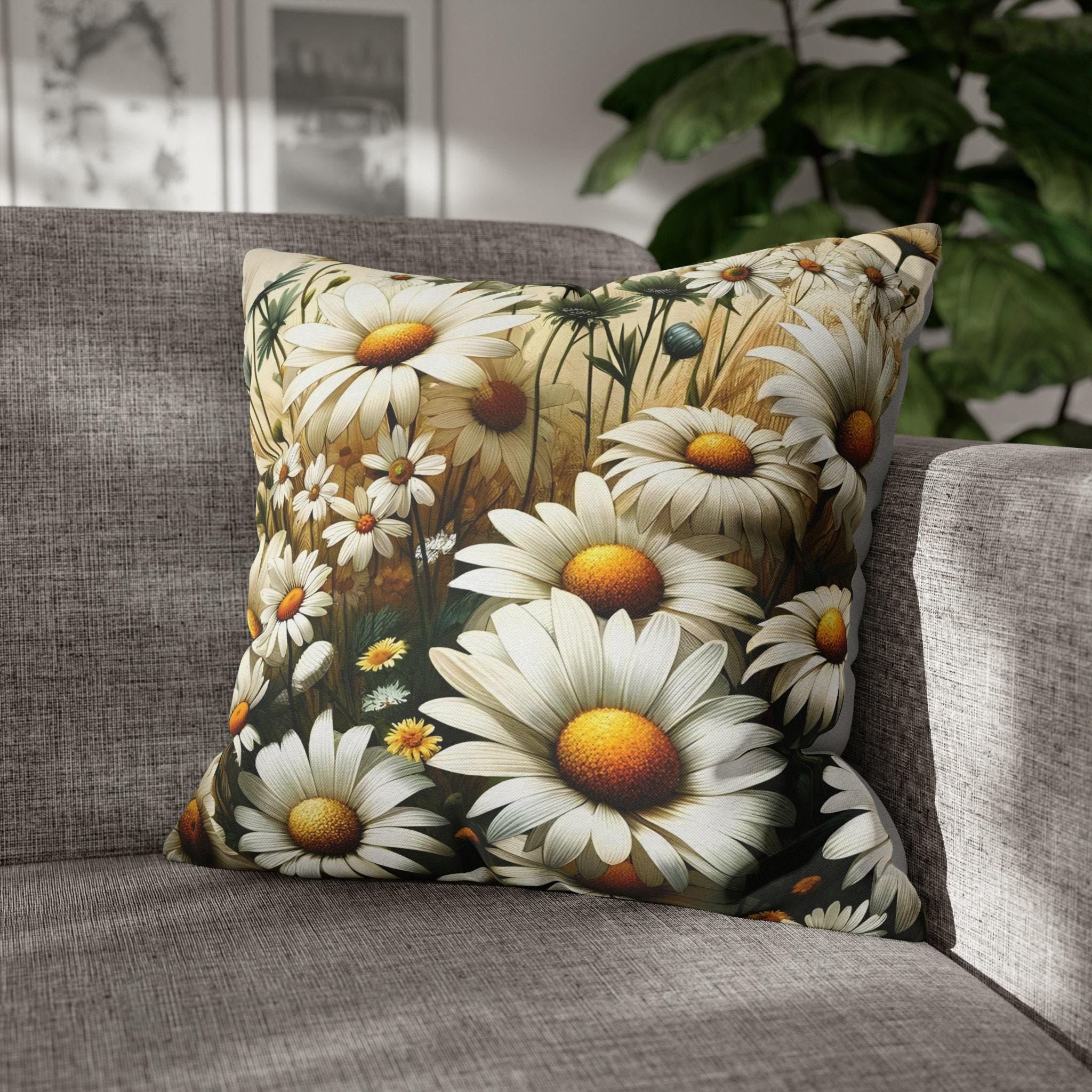 Vibrant Daisy Pattern Throw Pillow Cover | Organic Warmth on Cream Background | Charming Floral Design