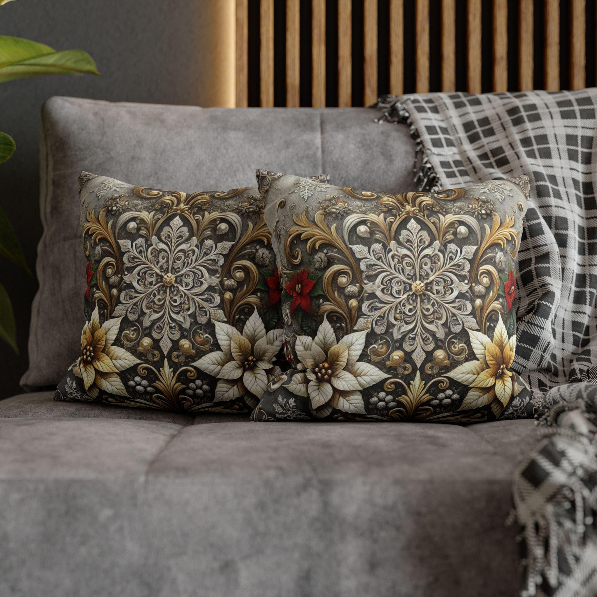 Luxurious Baroque Inspired Holiday Pillow Cover, Silver and Gold Snowflake Christmas Decor