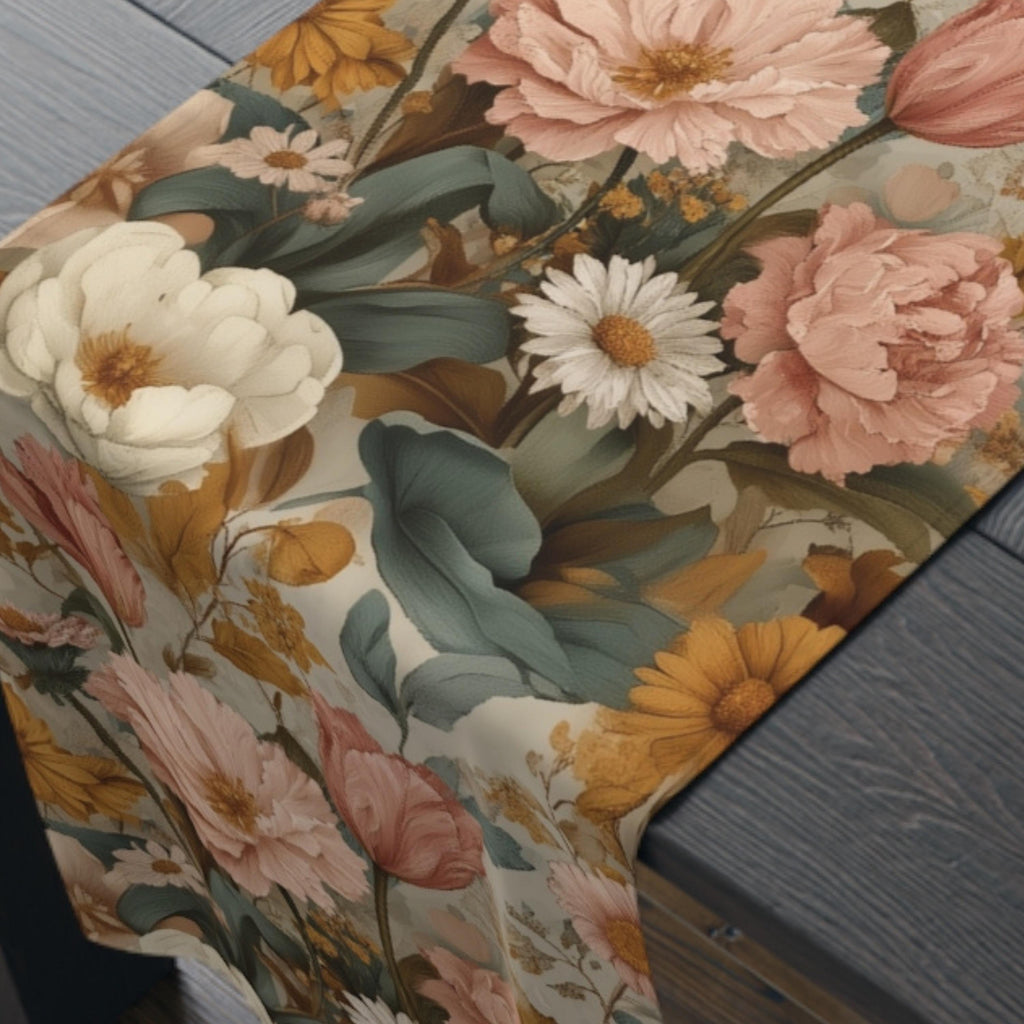 William Morris Inspired Botanical Table Runner: Dusty Rose, Sage, Ochre Autumn Accent