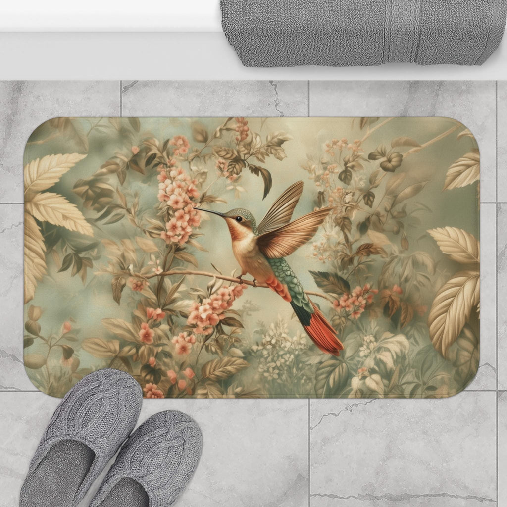 William Morris Botanical Bathmat: Sage Blush Teal Hummingbird Arts & Crafts Design
