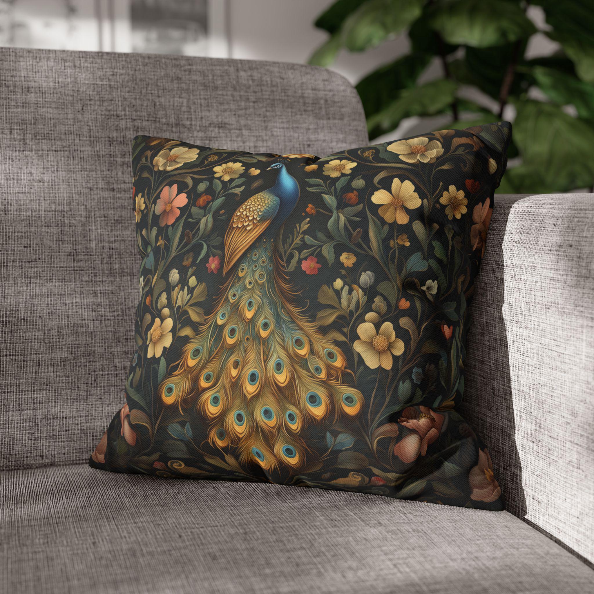 William Morris Inspired Peacock Pillow Cover: Teal-Blue Gold Floral, on a Charcoal Backdrop