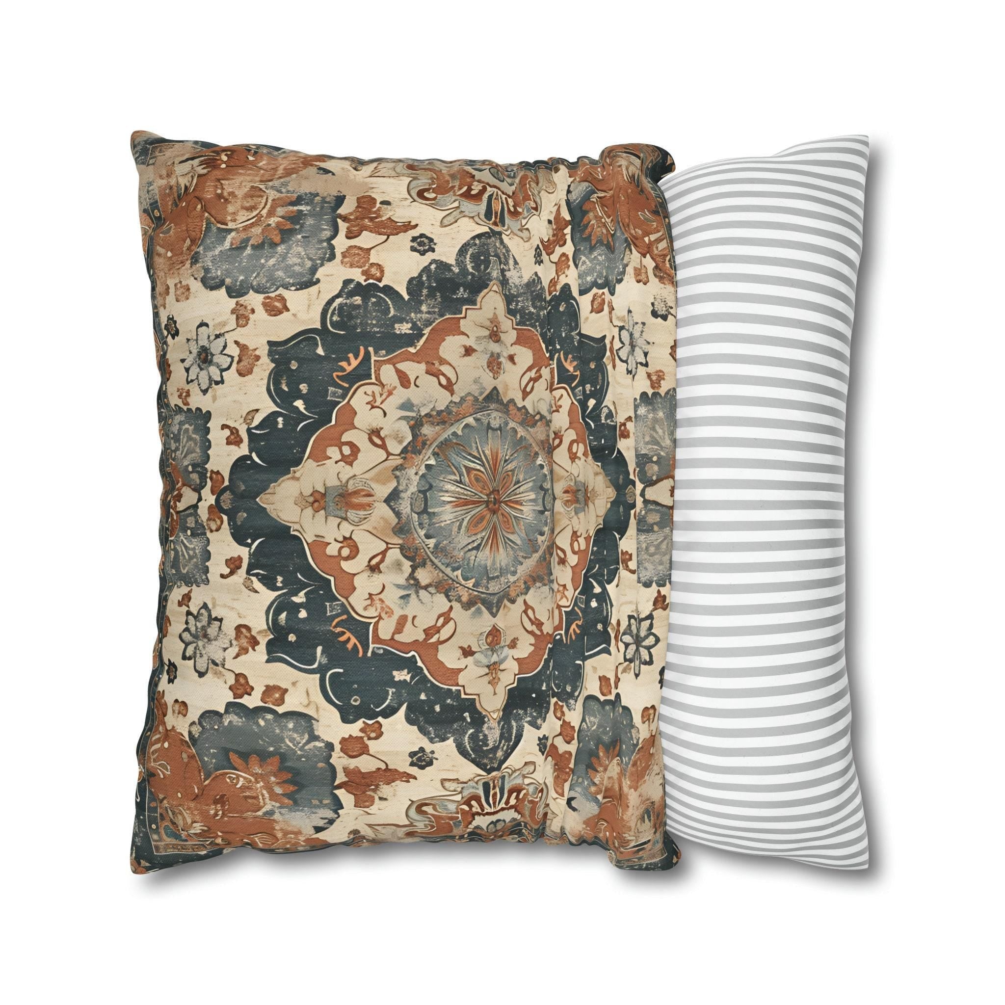 Persian-Inspired Medallion Pillow Cover: Indigo, Terracotta & Cream Vintage Mediterranean Decor
