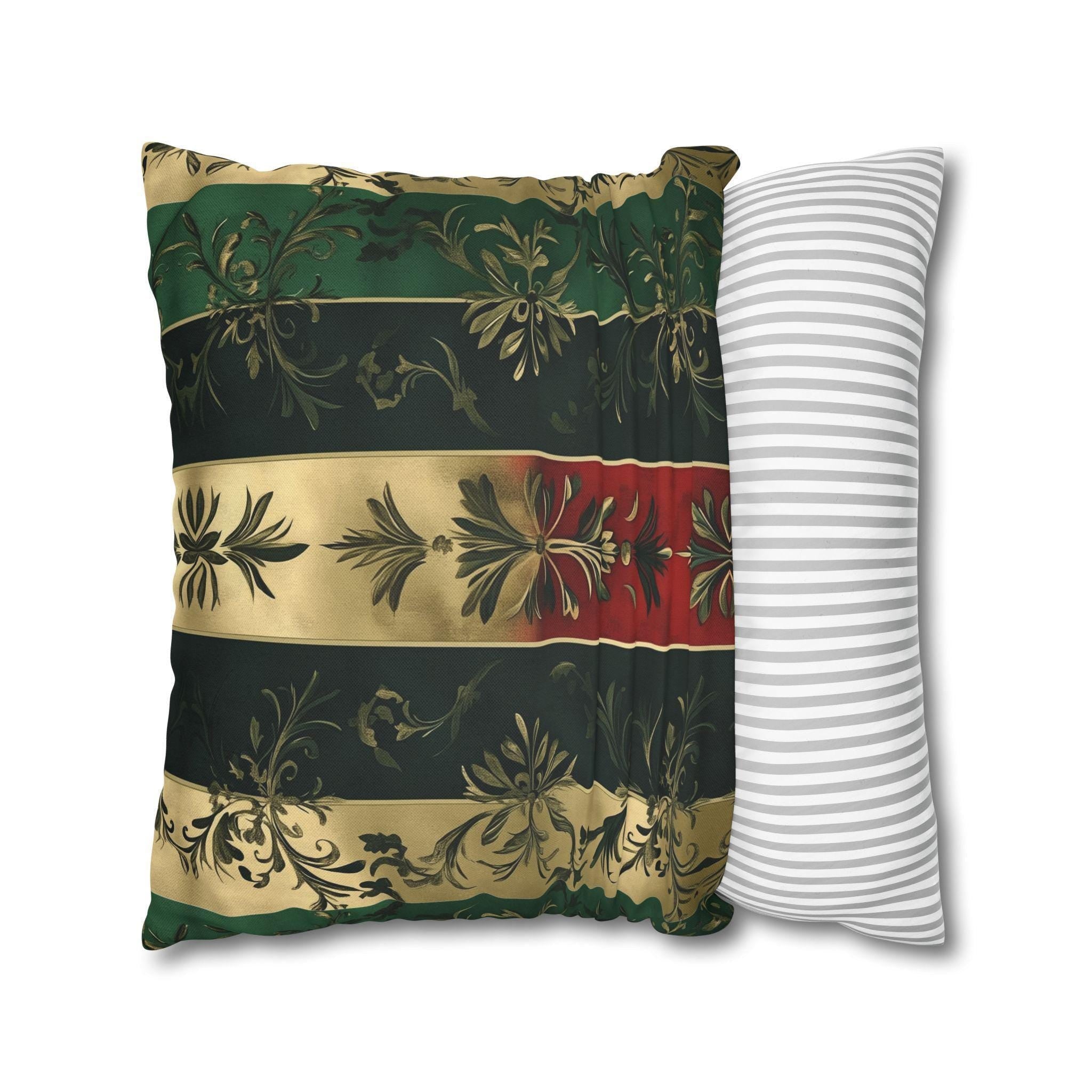 Elegant Holiday Striped Pillowcase: Floral Botanical Design, Gold Green Red Decorative Cover